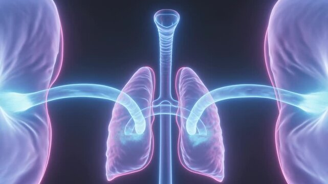 Animating central airway showing glowing bronchi junctions initiating pulsing airflow through lungs