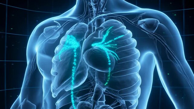 Playing 3D torso as frames progress, showing cyan bronchi flow in medical viewer with midline nodes