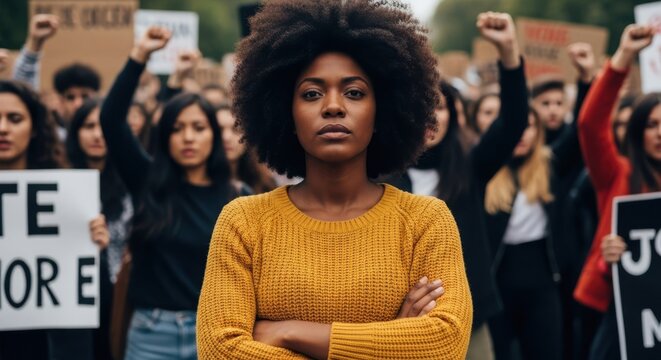 Woman leads protest with raised fist and determined expression