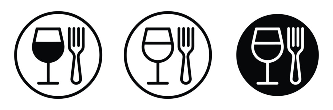 Restaurant wine and dine icon set with fork and glass symbols for food service or restaurant business use