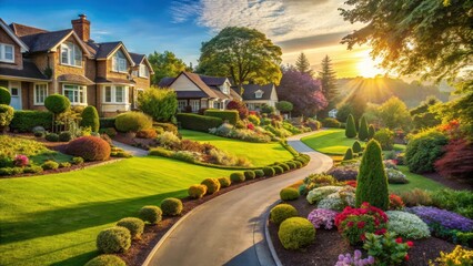 Fototapeta premium Serene Suburban Street at Dawn A Picturesque View of Lush Landscaping and Elegant Homes Basking in Golden Sunlight
