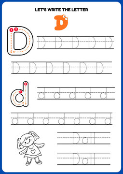 Alphabet worksheet writing the letter D template. Handwriting practice educational activity with dashed lines for tracing uppercase and lowercase letter D.