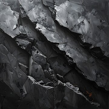 Dark fractured rock formation with layered black and gray textures and natural fractures