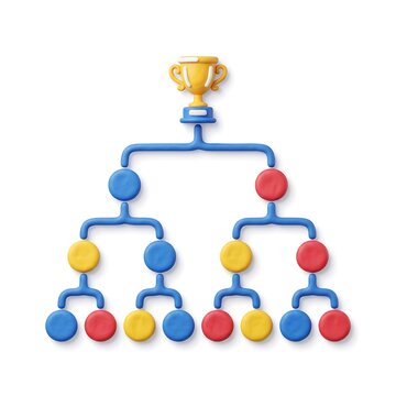 Stylized 3D tournament bracket hierarchy with gold trophy and colorful nodes over white background
