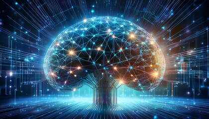 Fototapeta premium intricate depicting a complex brain circuit network with interconnected nodes and lines representing the neural pathways and synergetic connections within a digital futuristic technology landscape
