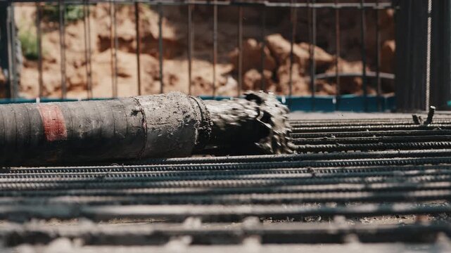 Concrete pouring from pump hose across reinforcement mesh for foundation slab