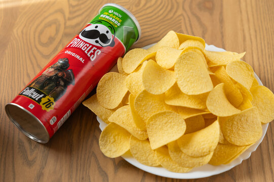 Pringles Original potato chips tube and snacks close up
