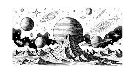 Surreal cosmic landscape with mountains and planets in outer space © Evi