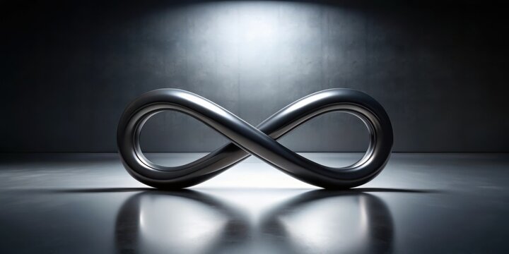 A Sleek Metallic Infinity Symbol in a Dark, Modern Studio Setting, Reflecting Endless Possibilities and Unending Potential