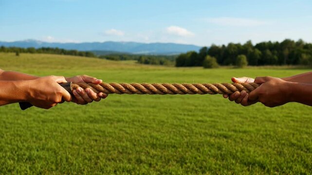 Two people pulling a rope in a field.