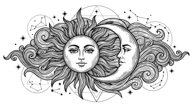 Sun and moon celestial illustration with stars and constellations
