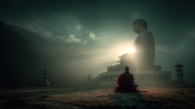 Zen Buddhism, meditation, inner peace, Chinese Japanese Asian tradition. Therapy stress release treatment, health lifestyle. A monk in a red robe meditating in front of a large Buddha statue.