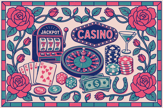 Vintage casino illustration with slot machine, roulette, and playing cards