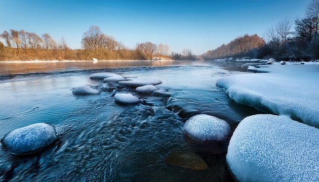 Water Freezes And Forms Unique Shapes At The Edge Of The River As Winter Arrives