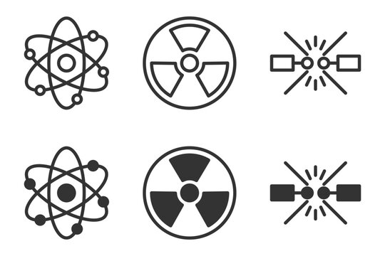 Atomic and nuclear symbols set including radiation and particle diagrams. Vector illustration.