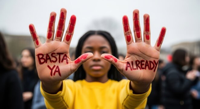 Young woman holds up hands with basta ya already written on them