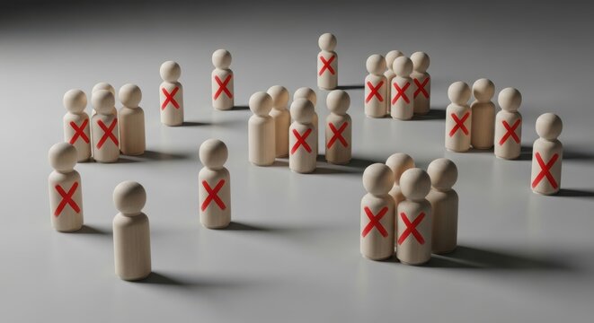Wooden figures with red crosses representing people being excluded