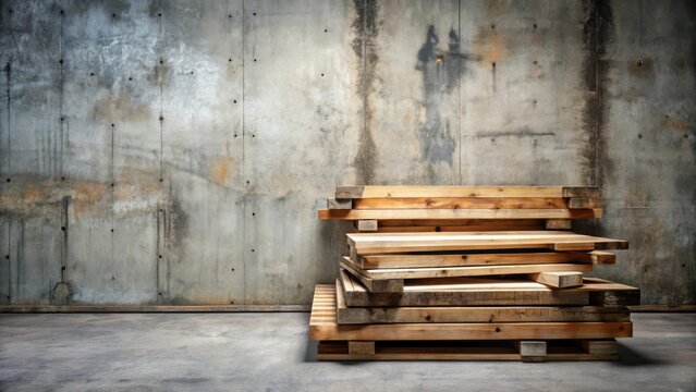 Rustic Wooden Lumber Stacked Against a Weathered Concrete Wall Background