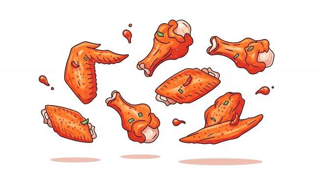 Levitating Spicy Buffalo Chicken Wings and Drumsticks Illustration, Fried Hot Wings with Sauce Droplets Isolated on White