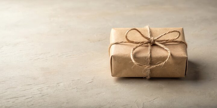 A simply wrapped gift box, tied with twine, sits on a neutral-toned surface, evoking feelings of warmth and anticipation.