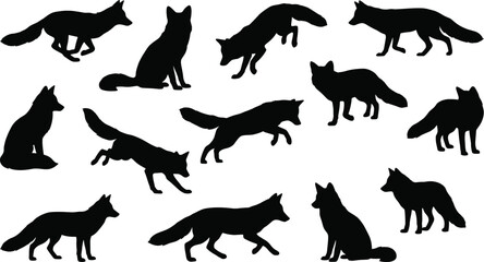 Fox silhouette collection featuring wild foxes running jumping sitting and stalking for nature wildlife and outdoor adventure graphic design © MSTALIFNUR
