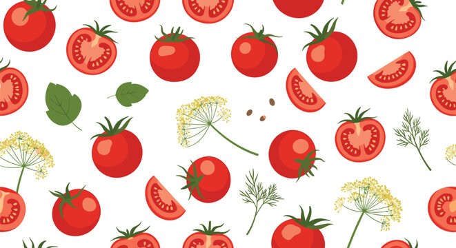 Fresh vegetable pattern featuring whole and sliced red tomatoes combined with green dill and basil leaves for kitchen decor.