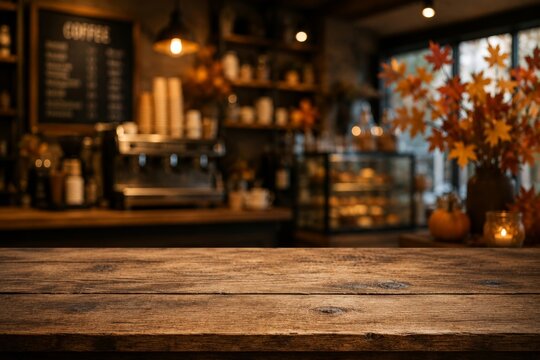Coffee shop product display mockup coffee machine empty table cafe background autumn cafe rustic wood table fall season pumpkin candle cozy cafe thanksgiving copy space bistro warm light
