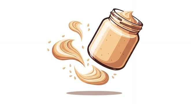 Healthy Sesame Tahini or Nut Butter in Glass Jar with Creamy Swirls and Seeds Vector Illustration