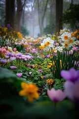 Fototapeta premium Spring season, garden, flower, fresh, life. A lush forest filled with a variety of flowers, including daffodils and tulips, in white, yellow, pink, and purple.