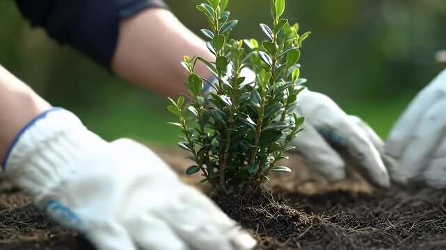 A Pair of Gloved Hands Transplanting a Small Shrub into Rich Garden Soil