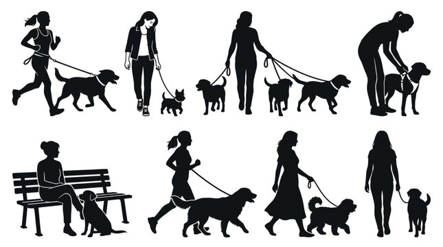 Set of silhouettes of women walking running and sitting with their pet dogs on leashes in various activities