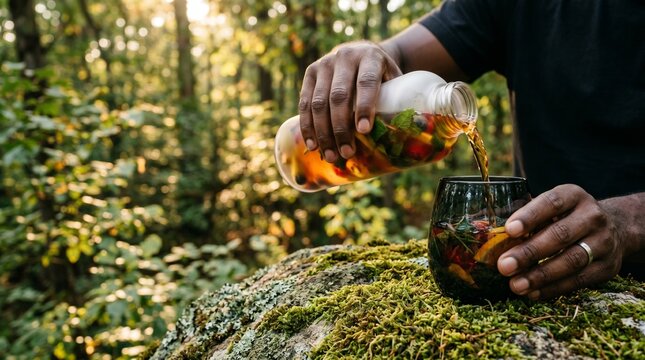 Refreshing forest beverage, a person pouring a healthy herbal drink into a dark glass, nature's elixir for wellness and relaxation, outdoor summer refreshment.