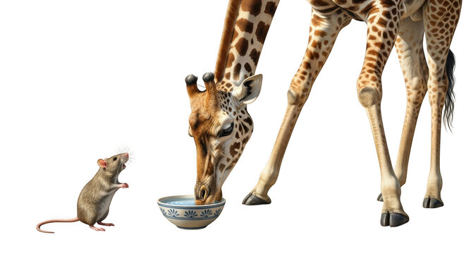 Tiny mouse watches giant giraffe drink water from bowl black background amazing wildlife encounter transparent background black background