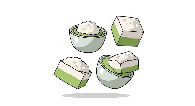 Traditional Asian Pandan and Coconut Layer Cakes Illustration, Indonesian Kue Talam and Nona Manis Sweet Snacks