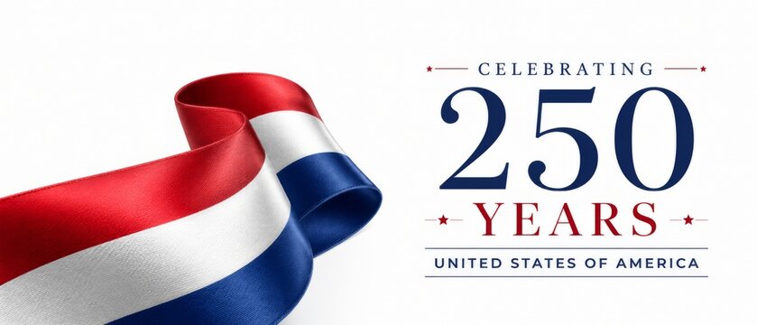 United States 250th anniversary sale banner with red white blue ribbon, Celebrating 250 Years typography, patriotic background for American independence promotion, advertising, social media design