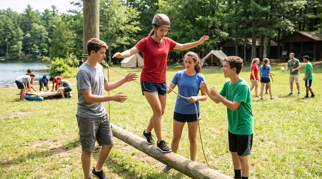 Group of diverse teenagers participating in a team-building balance log activity at an outdoor summer camp by a lake