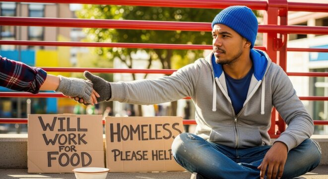 Homeless man asking for help and shaking hands with a passerby