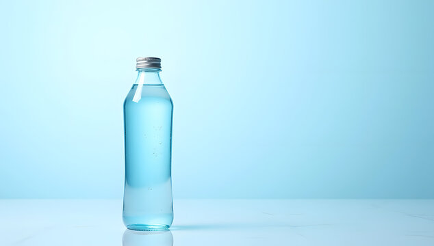Premium Bottled Water Banner with Copy Space on Light Blue Background, bottled water, water bottle, mineral water, drinking water, hydration, pure water, clean water, transparent bottle, bottled bever