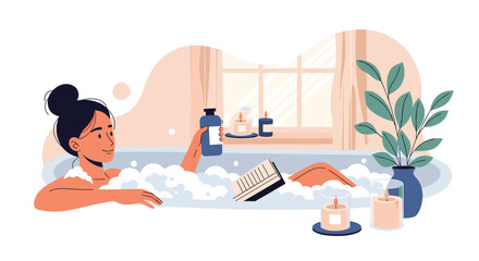 Obraz premium Young woman enjoying a relaxing bubble bath while reading a book and surrounded by aromatic candles in a cozy room.