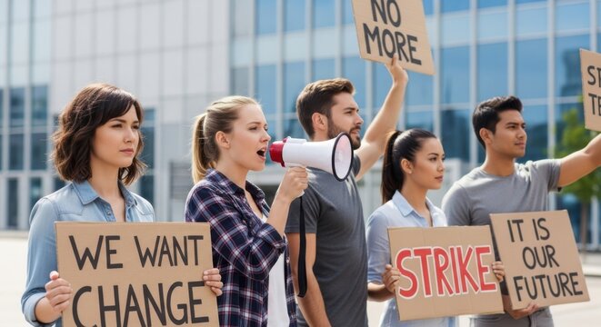 Diverse group of people protesting with signs and megaphones