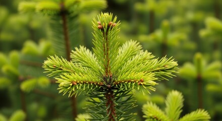 Fototapeta premium Pine Tree Branch Close Up with New Growth and Evergreen Foliage in Forest Environment