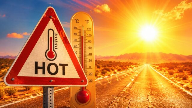 Hot weather warning sign with thermometer on a desert highway under intense sunlight. Extreme summer heat, heatwave, climate change and high temperature danger concept