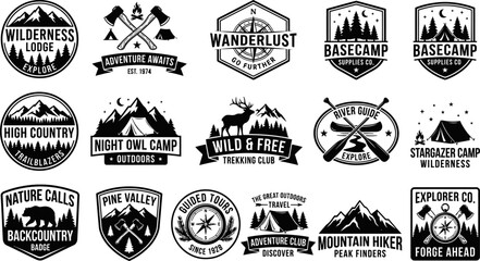 Black and white vintage outdoor adventure labels and badges with camping and hiking themes and nature symbols on white background © Badhon