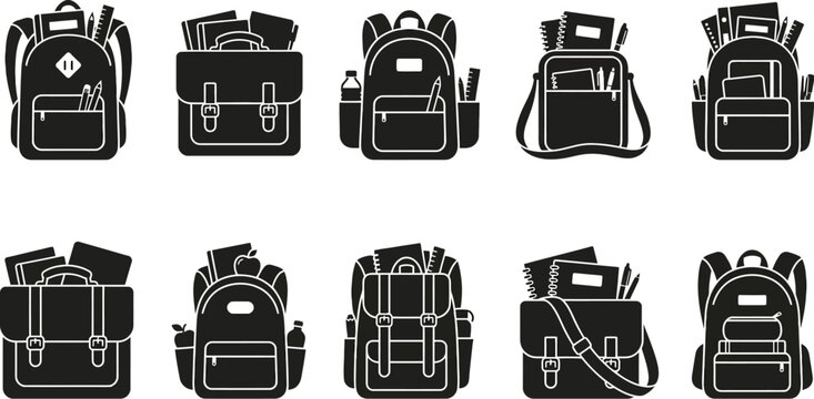 black and white illustrations of various school bags and backpacks with school supplies