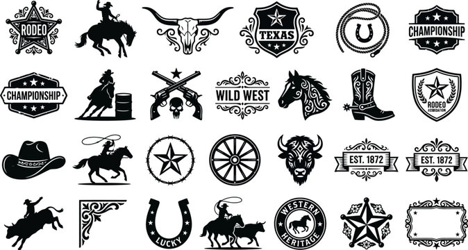 Collection of black western themed icons and logos with horses cows and cowboys  various designs