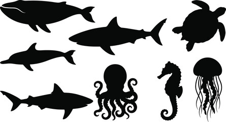 Sea animal silhouette set featuring whale shark octopus turtle and jellyfish for marine wildlife conservation and ocean nature design projects © MSTALIFNUR