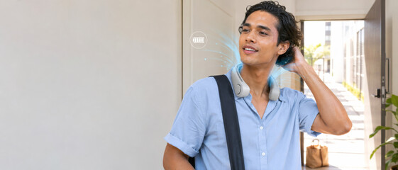 Young man using wearable cooling device during heatwave, coping with hot summer © dvoevnore