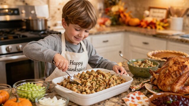 Child preparing Thanksgiving stuffing beside roasted turkey in festive family kitchen celebration scene