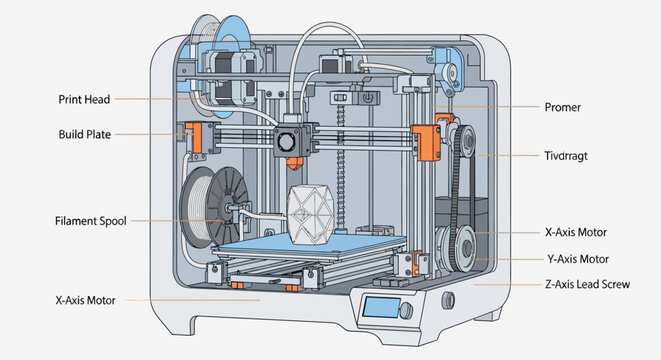 Detailed 3D printer inner mechanics diagram.