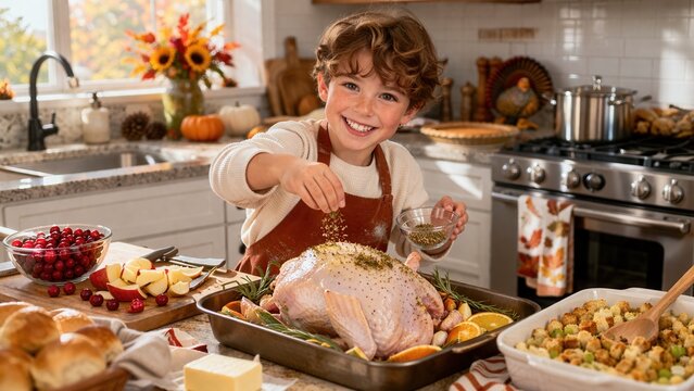 Smiling child preparing Thanksgiving turkey with herbs in cozy kitchen during festive family holiday